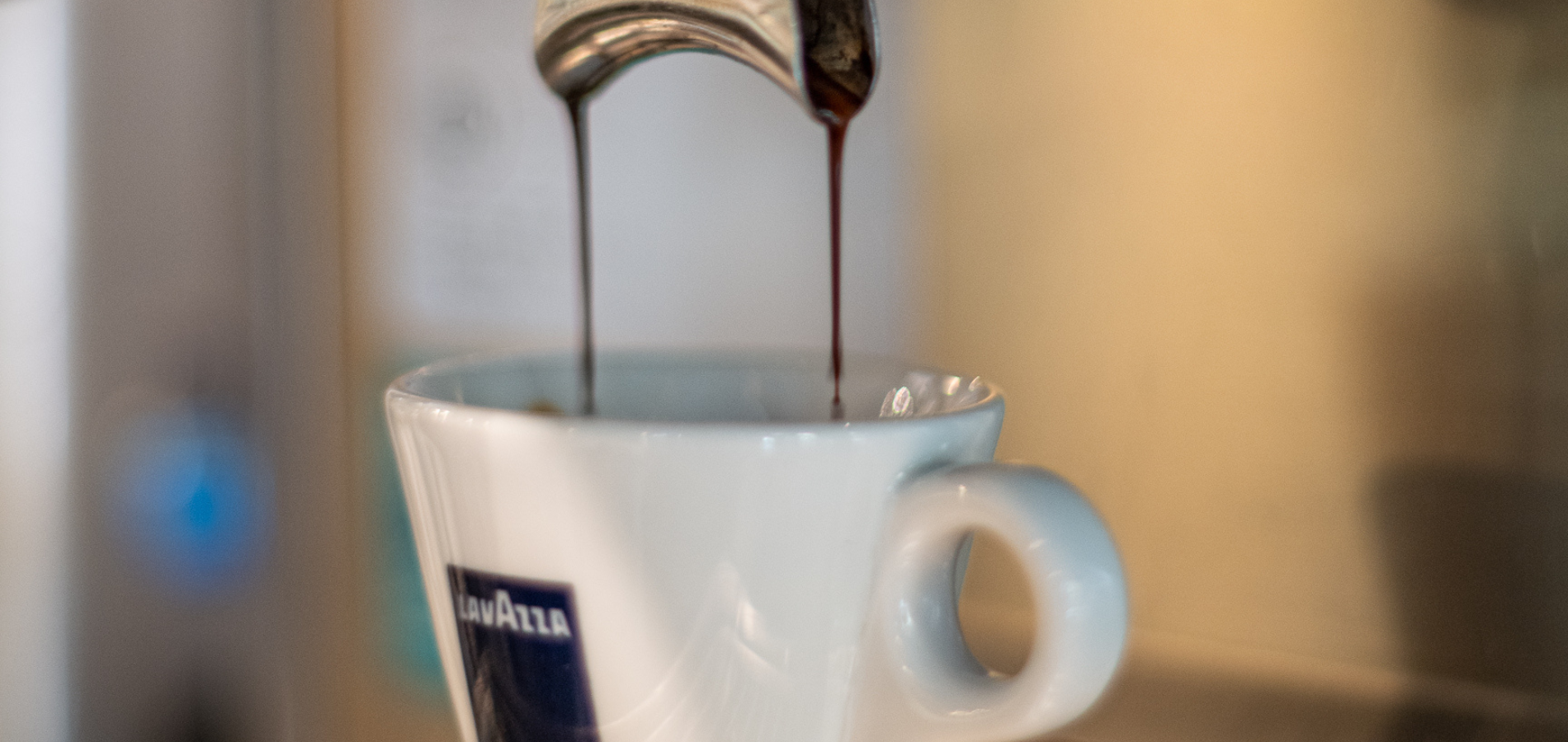 photo of brewing espresso. Tre galli uses Italian lavazza coffee beans